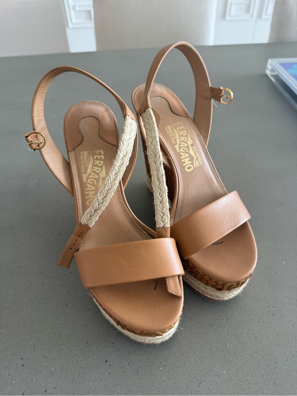 Salvatore Ferragamo Cognac Leather Espadrille Wedge Sandals